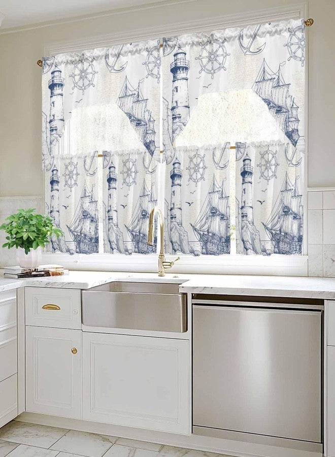 Jolunifun Retro Light-house Swag Kitchen Curtain Sets with Valance,3 Pieces Rod Pocket Curtain Drapes for Bedroom Bathroom Cafe Windows,Blue Ocean Coastal Nautical Anchor 56''x36''&24''x27.5''x2Panels - Image 5